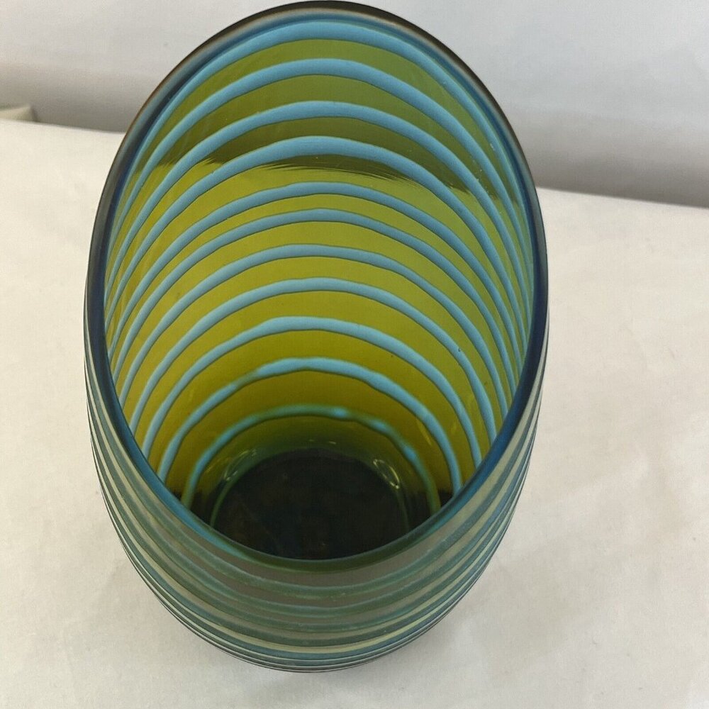 $55 Vintage Cyan Design Angle Cut Etched Art Deco Glass Tall Vase Green Blue - Picture 4 of 7